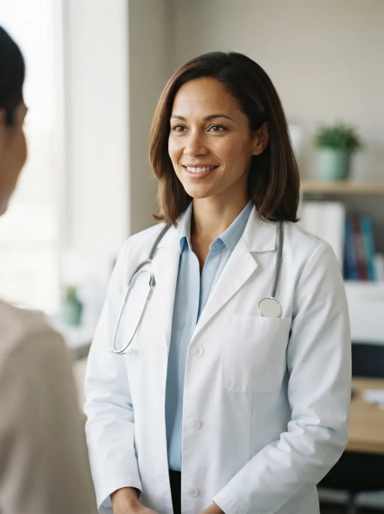 An attractive illustrative unnamed woman physician around 30 to 38 with a polished natural appearance faces the visitor with a relaxed welcoming posture while standing comfortably